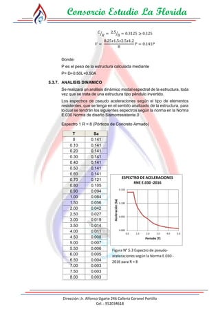 Consorcio Estudio La Florida
Dirección: Jr. Alfonso Ugarte 246 Calleria Coronel Portillo
Cel. : 952034618
𝐶
𝑅⁄ = 2.5
8⁄ = 0.3125 ≥ 0.125
𝑉 =
0.25𝑥1.5𝑥2.5𝑥1.2
8
𝑃 = 0.141𝑃
Donde:
P es el peso de la estructura calculada mediante
P= D+0.50L+0.50A
5.3.7. ANALISIS DINAMICO
Se realizará un análisis dinámico modal espectral de la estructura, toda
vez que se trata de una estructura tipo péndulo invertido.
Los espectros de pseudo aceleraciones según el tipo de elementos
resistentes, que se tenga en el sentido analizado de la estructura, para
lo cual se tendrán los siguientes espectros según la norma en la Norma
E.030 Norma de diseño Sismorresistente.0
Espectro 1 R = 8 (Pórticos de Concreto Armado)
T Sa
0 0.141
0.10 0.141
0.20 0.141
0.30 0.141
0.40 0.141
0.50 0.141
0.60 0.141
0.70 0.121
0.80 0.105
0.90 0.094
1.00 0.084
1.50 0.056
2.00 0.042
2.50 0.027
3.00 0.019
3.50 0.014
4.00 0.011
4.50 0.008
5.00 0.007
5.50 0.006
6.00 0.005
6.50 0.004
7.00 0.003
7.50 0.003
8.00 0.003
0.000
0.050
0.100
0.150
0.0 1.0 2.0 3.0 4.0 5.0
Aceleración(Sa)
Periodo (T)
ESPECTRO DE ACELERACIONES
RNE E.030 -2016
Figura N° 5.3 Espectro de pseudo-
aceleraciones según la Norma E.030 -
2016 para R = 8
 