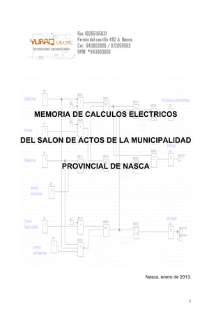 1
MEMORIA DE CALCULOS ELECTRICOS
DEL SALON DE ACTOS DE LA MUNICIPALIDAD
PROVINCIAL DE NASCA
Nasca, enero de 2013.
 