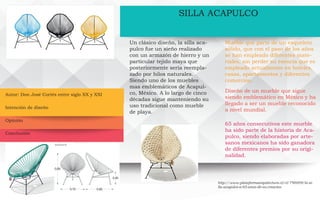 Autor: Don José Cortés entre siglo XX y XXI
SILLA ACAPULCO
Un clásico diseño, la silla aca-
pulco fue un sieño realizado
con un armazón de hierro y un
particular tejido maya que
posteriormente seria reempla-
zado por hilos naturales.
Siendo uno de los muebles
mas emblemáticos de Acapul-
co, México. A lo largo de cinco
décadas sigue manteniendo su
uso tradicional como mueble
de playa.
Mueble que parte de un esqueleto
sólido, que con el paso de los años
se han empleado diferentes mate-
riales, sin perder su esencia que es
empleado actualmente en hoteles,
casas, apartamentos y diferentes
comercios.
Diseño de un mueble que sigue
siendo emblemático en México y ha
llegado a ser un mueble reconocido
a nivel mundial.
65 años consecutivos este mueble
ha sido parte de la historia de Aca-
pulco, siendo elaboradas por arte-
sanos mexicanos ha sido ganadora
de diferentes premios por su origi-
nalidad.
http://www.plataformaarquitectura.cl/cl/790009/la-si-
lla-acapulco-a-65-anos-de-su-creacion
Intención de diseño
Opinión
Conclusión
 