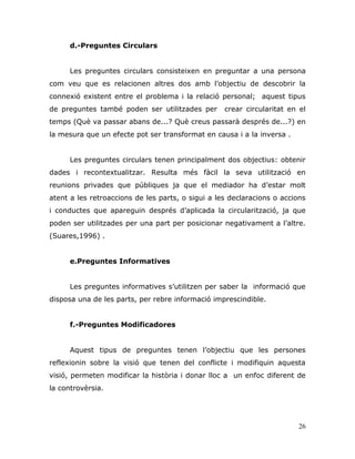 26
d.-Preguntes Circulars
Les preguntes circulars consisteixen en preguntar a una persona
com veu que es relacionen altres dos amb l‟objectiu de descobrir la
connexió existent entre el problema i la relació personal; aquest tipus
de preguntes també poden ser utilitzades per crear circularitat en el
temps (Què va passar abans de...? Què creus passarà després de...?) en
la mesura que un efecte pot ser transformat en causa i a la inversa .
Les preguntes circulars tenen principalment dos objectius: obtenir
dades i recontextualitzar. Resulta més fàcil la seva utilització en
reunions privades que públiques ja que el mediador ha d‟estar molt
atent a les retroaccions de les parts, o sigui a les declaracions o accions
i conductes que apareguin després d‟aplicada la circularització, ja que
poden ser utilitzades per una part per posicionar negativament a l‟altre.
(Suares,1996) .
e.Preguntes Informatives
Les preguntes informatives s‟utilitzen per saber la informació que
disposa una de les parts, per rebre informació imprescindible.
f.-Preguntes Modificadores
Aquest tipus de preguntes tenen l‟objectiu que les persones
reflexionin sobre la visió que tenen del conflicte i modifiquin aquesta
visió, permeten modificar la història i donar lloc a un enfoc diferent de
la controvèrsia.
 