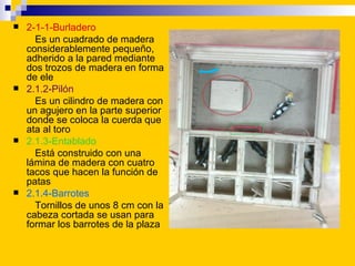    2-1-1-Burladero
      Es un cuadrado de madera
    considerablemente pequeño,
    adherido a la pared mediante
    dos...