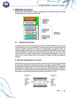 AUTOMATIZACIÓN – Memorias de los PLC
FIEE 6
2. MEMORIAS DE UN PLC
Dentro de la CPU del PLC vamos a disponer de un área de memoria, la cual
emplearemos para diversas funciones:
2.1 Memoria Del Usuario.
El programa de usuario normalmente se graba en memoria RAM, ya que no sólo
ha de ser leído por el microprocesador, sino que ha de poder ser variado cuando el
usuario lo desee, utilizando la unidad de programación. En algunos PLCs, la
memoriaRAM se auxilia de una memoria sombradel tipo EEPROMLa desconexión
de la alimentación o un fallo de la misma borraría esta memoria, ya que al ser la
RAM una memoria volátil necesita estar constantemente alimentada y es por ello
que los PLC´s que la utilizan llevan incorporada una batería tampón que impide su
borrado.
A. Memoria del programa de usuario:
Esta memoria que junto con el procesador componen la CPU, se encuentra dividida
en dos áreas: la llamada memoria del sistema, que utiliza memoria RAM, y la que
corresponde al programa del sistema o firmware, que lógicamente es un programa
fijo grabado por el fabricante y, por tanto, el tipo de memoria utilizado es ROM. En
algunos PLC´s seutiliza únicamente la EPROM, de tal forma que se puede modificar
el programa memoria del sistema previo borrado del anterior con UV.
 