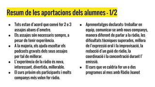Resum de les aportacions dels alumnes - 1/2
● Tots estan d’acord que convé fer 2 o 3
assajos abans d’emetre.
● Els assajos són necessaris sempre, a
pesar de tenir experiència.
● A la majoria, els ajuda escoltar els
podcasts gravats dels seus assajos
per tal de millorar.
● L’experiència de la ràdio és nova,
interessant, divertida, millorable.
● El curs pròxim els participants i molts
companys més volen fer ràdio.
● Aprenentatges declarats: treballar en
equip, comunicar-se amb nous companys,
manera diferent de parlar a la ràdio, les
dificultats tècniques superades, millora
de l’expressió oral i la improvisació, la
redacció d’un guió de ràdio, la
coordinació i la concentració durant l’
emissió.
● El curs que ve caldria fer un o dos
programes al mes amb Ràdio Joanot
 