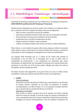 2.3. Metodología Enseñanza - Aprendizaje


El método de enseñanza empleado por Luis y Mari Cruz es el trabajo por proyectos.
(VER ANEXO III, justificación del Trabajo por Proyectos)

Además tienen estipuladas una serie de rutinas (a la entrada y a la salida de clase)
que se reparten entre los 4 equipos de trabajo, estas son las siguientes:
   - bajar las sillas y colocarlas en forma de asamblea
   - pasar lista y calendario (rellenar el día, mes, año en un calendario de imán)
   - menú (escribir en la pizarra de rotuladores el menú del día)
   - temperatura (ver y escribir la temperatura del día)
   - limpiar la pizarra y el baño y regar las plantas
   - cuidado a naranjito (el pájaro que tenemos en clase) y ordenar biblioteca

Estas rutinas se van rotando de equipo cada semana, algo que realizan los propios
niños, gracias a que en clase tienen un cartel con todas ellas escritas y una foto de
cada equipo, la cual van pegando y despegando en la rutina correspondiente.

Los equipos están formados por 6 o 7 niños, de los cuales cada semana le
corresponde a uno de ellos ser el encargado, por lo que es dicho niño el
responsable de proporcionar a sus compañeros los materiales que vayan
necesitando a lo largo del día. Los encargados al comienzo de la semana tienen que
apuntarse en una lista con el fin de que quede reflejado que niños han sido ya
encargados quienes quedan por serlo.

El trabajo semanal está organizado en un gran mural, en el que se refleja ciertas
actividades o tareas que realizan cada día. Estas tareas son las siguientes:

    LUNES
     Libro de préstamo
     Cada lunes los niños devuelven los libros que se han llevado a casa durante
     la semana anterior, tachando en sus listas de préstamos el cuadrito
     correspondiente a ese libro y fecha. Y a su vez apuntan el nombre del libro
     que se quieren llevar y la fecha del día que se lo llevan.
     ¿Qué pasa en el mundo?
     Esta sección se realiza a primera hora de la mañana, tras haber acabado
     todas las rutinas de entrada. Se trata de contar las noticias encontradas en
     casa, comentando la foto de la misma, el periódico donde la han encontrado,
     la página y la sección correspondiente... Una vez acabado el noticiario, los



                                        13
 