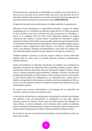 El funcionamiento, organización y metodología son similares en las dos aulas de 4
años, pues los docentes de las mismas tienen una forma muy parecida de ver la
educación, además suelen ponerse de acuerdo en prácticamente todo siguiendo así
una misma línea de educación y actuación en el aula. (VER ANEXO II)

El espacio de las aulas está constituido por un amplio mobiliario compuesto por:

Diferentes mesas rectangulares y trapezoidales formando 4 equipos de trabajo
constituidos por 6 o 7 miembros en cada uno, existen de 26 a 27 sillas, una pizarra
de tiza colocada en uno de los laterales del aula, una pizarra de rotuladores, 1
banco en la asamblea (clase de Mari Cruz), diferentes módulos de madera
compuestos por estantes y cajones donde se guardan los materiales y juegos,
adaptados al alcance de los niños ya que son ellos mismos los que manipulan todos
los materiales de forma autónoma (rotuladores, colores, plastilina, lápices, gomas,
sacapuntas, tijeras, pegamentos, folios blancos y de colores, cartulinas, papel
charol, cinta adhesiva, bandejas correspondientes a cada niños con trabajos que
van realizando, puzles, juegos de encajar, juegos de coser figuras y números...).

También podemos encontrar en ella dos espacios donde se colocan diferentes
juguetes para los niños como la cocinita, guitarras, muñecas, construcciones,
teatrillo, disfraces...

Dentro del mobiliario ya explicado encontramos los módulos que constituyen la
biblioteca, compuesta por numerosos libros infantiles (cuentos, poesías, chistes,
adivinanzas), álbumes ilustrados, libros de información (Egipto, Federico García
Lorca...), revistas, periódicos, guías telefónicas, catálogos, recetarios, los libros del
protagonista (realizados por ellos mismos). Como se puede apreciar se encuentran
un muy diverso abanico de bibliografía ya sea destinada tanto a niños como a
adultos, consiguiendo de esta manera acercarlos a distintas tipografías de libros y
textos. Las aulas disponen además de amplios ventanales que proporcionan gran
luminosidad al espacio.

En cuanto a los recursos audiovisuales, el aula dispone de un ordenador con
conexión a internet, el cual se usa todos los días.

La decoración del aula llama la atención por su diversidad y colorido, está formada
por alfabetos, velas correspondientes al cumpleaños de cada niño, dibujos
variados, poesías de Federico García Lorca que ellos mismos han trabajado en
clase, dibujos y murales realizados por los propios niños, cuadros de famosos
pintores, banderas de distintos países, dibujos de números y letras, murales con la
rutina semanal, fotografías de los niños realizando distintos trabajos o tareas.

En el exterior del aula, se encuentran los percheros con los nombres de cada uno
de los niños y niñas.




                                           8
 