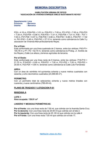 MEMORIA DESCRIPTIVA
HABILITACIÓN URBANA DE OFICIO
“ASOCIACIÓN DE VIVIENDA ENRIQUE EMILIO BUSTAMANTE REYES”
Departamento: Lima
Provincia : Barranca
Distrito : Barranca
13
Habilitación urbana de oficio
P29 = 4.16 m, P29-P30 = 3.51 m, P30-P31 = 7.00 m, P31-P32 = 7.00 m, P32-P33
= 7.00 m, P33-P34 = 6.98 m, P34-P35 = 7.01 m, P35-P36 = 7.01 m, P36 – P37 =
7.00 m, P37-P38 = 6.97 m, P38-P39 = 6.86 m, P39-P40 = 6.88 m, P40-P41 = 7.02
m, P41-P42 = 5.46 m, P42-P43 = 27.12 m, teniendo como colindancia la Calle 5 y
asociación de Vivienda Manuel Bustamante Reyes.
Por el Este:
Está conformada por una línea quebrada de 2 tramos, entre los vértices: P43-P1=
105.78 m y P1- P2 = 62.70 m, teniendo como colindancia la Prolog. Jr. Andrés de
los Reyes y Calle Los alisos y terrenos agrícolas de terceros.
Por el Oeste:
Está conformada por una línea recta de 6 tramos, entre los vértices: P18-P19 =
21.75 m, P19-P20 = 6.95 m, P20-P21 = 7.00 m, P21-P22 = 7.00 m, P22-P23 =
20.00 m, P23-P24 = 5.84 m, teniendo como colindancia la Calle Lolo Fernández
AREA:
Con un área de veintitrés mil quinientos ochenta y nueve metros cuadrados con
sesenta y ocho decímetros cuadrados (23,589.68 m2).
PERIMETRO:
Con un perímetro total de setecientos ochenta y nueve metros lineales con
cuarenta y nueve centímetros (789.49 ml).
PLANO DE TRAZADO Y LOTIZACION P-01
MANZANA A
LOTE 1
Área ocupada: 139.91 m2
LINDERO Y MEDIDAS PERIMÉTRICAS:
Por el frente: con una línea recta de 7.00 ml, que colinda con la Avenida Santa Cruz.
Por la derecha: Con una línea recta de 20.00 ml que colinda con el lote 2.
Por la izquierda: Con una línea recta de 20 .00 ml que colinda con la calle 4
Por el Fondo: Con una línea recta 7.00 ml que colinda con el lote 17.
 