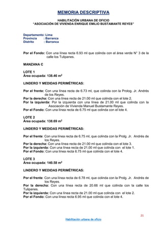 MEMORIA DESCRIPTIVA
HABILITACIÓN URBANA DE OFICIO
“ASOCIACIÓN DE VIVIENDA ENRIQUE EMILIO BUSTAMANTE REYES”
Departamento: Lima
Provincia : Barranca
Distrito : Barranca
21
Habilitación urbana de oficio
Por el Fondo: Con una línea recta 6.93 ml que colinda con el área verde N° 3 de la
calle los Tulipanes.
MANZANA C
LOTE 1
Área ocupada: 138.46 m2
LINDERO Y MEDIDAS PERIMÉTRICAS:
Por el frente: Con una línea recta de 6.73 ml, que colinda con la Prolog. Jr. Andrés
de los Reyes.
Por la derecha: Con una línea recta de 21.00 ml que colinda con el lote 2.
Por la izquierda: Por la izquierda con una línea de 21.00 ml que colinda con la
Asociación de Vivienda Manuel Bustamante Reyes.
Por el Fondo: Con una línea recta de 6.75 ml que colinda con el lote 4.
LOTE 2
Área ocupada: 138.69 m2
LINDERO Y MEDIDAS PERIMÉTRICAS:
Por el frente: Con una línea recta de 6.75 ml, que colinda con la Prolg. Jr. Andrés de
los Reyes.
Por la derecha: Con una línea recta de 21.00 ml que colinda con el lote 3.
Por la izquierda: Con una línea recta de 21.00 ml que colinda con el lote 1.
Por el Fondo: Con una línea recta 6.75 ml que colinda con el lote 4.
LOTE 3
Área ocupada: 140.58 m2
LINDERO Y MEDIDAS PERIMÉTRICAS:
Por el frente: Con una línea recta de 6.78 ml, que colinda con la Prolg. Jr. Andrés de
los Reyes.
Por la derecha: Con una línea recta de 20.66 ml que colinda con la calle los
Tulipanes.
Por la izquierda: Con una línea recta de 21.00 ml que colinda con el lote 2.
Por el Fondo: Con una línea recta 6.95 ml que colinda con el lote 4.
 
