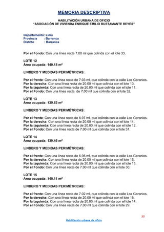 MEMORIA DESCRIPTIVA
HABILITACIÓN URBANA DE OFICIO
“ASOCIACIÓN DE VIVIENDA ENRIQUE EMILIO BUSTAMANTE REYES”
Departamento: Lima
Provincia : Barranca
Distrito : Barranca
30
Habilitación urbana de oficio
Por el Fondo: Con una línea recta 7.00 ml que colinda con el lote 33.
LOTE 12
Área ocupada: 140.18 m2
LINDERO Y MEDIDAS PERIMÉTRICAS:
Por el frente: Con una línea recta de 7.03 ml, que colinda con la calle Los Geranios.
Por la derecha: Con una línea recta de 20.00 ml que colinda con el lote 13.
Por la izquierda: Con una línea recta de 20.00 ml que colinda con el lote 11.
Por el Fondo: Con una línea recta de 7.00 ml que colinda con el lote 32.
LOTE 13
Área ocupada: 139.63 m2
LINDERO Y MEDIDAS PERIMÉTRICAS:
Por el frente: Con una línea recta de 6.97 ml, que colinda con la calle Los Geranios.
Por la derecha: Con una línea recta de 20.00 ml que colinda con el lote 14.
Por la izquierda: Con una línea recta de 20.00 ml que colinda con el lote 12.
Por el Fondo: Con una línea recta de 7.00 ml que colinda con el lote 31.
LOTE 14
Área ocupada: 139.46 m2
LINDERO Y MEDIDAS PERIMÉTRICAS:
Por el frente: Con una línea recta de 6.95 ml, que colinda con la calle Los Geranios.
Por la derecha: Con una línea recta de 20.00 ml que colinda con el lote 15.
Por la izquierda: Con una línea recta de 20.00 ml que colinda con el lote 13.
Por el Fondo: Con una línea recta de 7.00 ml que colinda con el lote 30.
LOTE 15
Área ocupada: 140.11 m2
LINDERO Y MEDIDAS PERIMÉTRICAS:
Por el frente: Con una línea recta de 7.02 ml, que colinda con la calle Los Geranios.
Por la derecha: Con una línea recta de 20.00 ml que colinda con el lote 16.
Por la izquierda: Con una línea recta de 20.00 ml que colinda con el lote 14.
Por el Fondo: Con una línea recta de 7.00 ml que colinda con el lote 29.
 