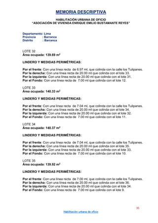 MEMORIA DESCRIPTIVA
HABILITACIÓN URBANA DE OFICIO
“ASOCIACIÓN DE VIVIENDA ENRIQUE EMILIO BUSTAMANTE REYES”
Departamento: Lima
Provincia : Barranca
Distrito : Barranca
35
Habilitación urbana de oficio
LOTE 32
Área ocupada: 139.69 m2
LINDERO Y MEDIDAS PERIMÉTRICAS:
Por el frente: Con una línea recta de 6.97 ml, que colinda con la calle los Tulipanes.
Por la derecha: Con una línea recta de 20.00 ml que colinda con el lote 33.
Por la izquierda: Con una línea recta de 20.00 ml que colinda con el lote 31.
Por el Fondo: Con una línea recta de 7.00 ml que colinda con el lote 12.
LOTE 33
Área ocupada: 140.33 m2
LINDERO Y MEDIDAS PERIMÉTRICAS:
Por el frente: Con una línea recta de 7.04 ml, que colinda con la calle los Tulipanes.
Por la derecha: Con una línea recta de 20.00 ml que colinda con el lote 34.
Por la izquierda: Con una línea recta de 20.00 ml que colinda con el lote 32.
Por el Fondo: Con una línea recta de 7.00 ml que colinda con el lote 11.
LOTE 34
Área ocupada: 140.37 m2
LINDERO Y MEDIDAS PERIMÉTRICAS:
Por el frente: Con una línea recta de 7.04 ml, que colinda con la calle los Tulipanes.
Por la derecha: Con una línea recta de 20.00 ml que colinda con el lote 35.
Por la izquierda: Con una línea recta de 20.00 ml que colinda con el lote 33.
Por el Fondo: Con una línea recta de 7.00 ml que colinda con el lote 10.
LOTE 35
Área ocupada: 139.92 m2
LINDERO Y MEDIDAS PERIMÉTRICAS:
Por el frente: Con una línea recta de 7.00 ml, que colinda con la calle los Tulipanes.
Por la derecha: Con una línea recta de 20.00 ml que colinda con el lote 36.
Por la izquierda: Con una línea recta de 20.00 ml que colinda con el lote 34.
Por el Fondo: Con una línea recta de 7.00 ml que colinda con el lote 9.
 