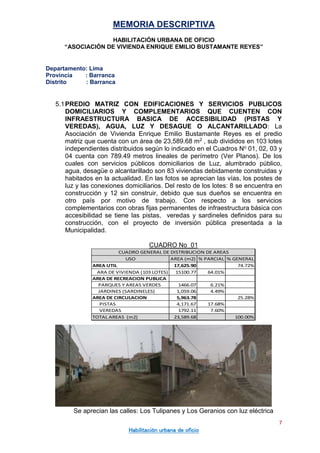 MEMORIA DESCRIPTIVA
HABILITACIÓN URBANA DE OFICIO
“ASOCIACIÓN DE VIVIENDA ENRIQUE EMILIO BUSTAMANTE REYES”
Departamento: Lima
Provincia : Barranca
Distrito : Barranca
7
Habilitación urbana de oficio
5.1PREDIO MATRIZ CON EDIFICACIONES Y SERVICIOS PUBLICOS
DOMICILIARIOS Y COMPLEMENTARIOS QUE CUENTEN CON
INFRAESTRUCTURA BASICA DE ACCESIBILIDAD (PISTAS Y
VEREDAS), AGUA, LUZ Y DESAGUE O ALCANTARILLADO: La
Asociación de Vivienda Enrique Emilio Bustamante Reyes es el predio
matriz que cuenta con un área de 23,589.68 m2 , sub divididos en 103 lotes
independientes distribuidos según lo indicado en el Cuadros No 01, 02, 03 y
04 cuenta con 789.49 metros lineales de perímetro (Ver Planos). De los
cuales con servicios públicos domiciliarios de Luz, alumbrado público,
agua, desagüe o alcantarillado son 83 viviendas debidamente construidas y
habitados en la actualidad. En las fotos se aprecian las vías, los postes de
luz y las conexiones domiciliarios. Del resto de los lotes: 8 se encuentra en
construcción y 12 sin construir, debido que sus dueños se encuentra en
otro país por motivo de trabajo. Con respecto a los servicios
complementarios con obras fijas permanentes de infraestructura básica con
accesibilidad se tiene las pistas, veredas y sardineles definidos para su
construcción, con el proyecto de inversión pública presentada a la
Municipalidad.
CUADRO No 01
Se aprecian las calles: Los Tulipanes y Los Geranios con luz eléctrica
USO AREA (m2) % PARCIAL % GENERAL
AREA UTIL 17,625.90 74.72%
ARA DE VIVIENDA (103 LOTES) 15100.77 64.01%
AREA DE RECREACION PUBLICA
PARQUES Y AREAS VERDES 1466.07 6.21%
JARDINES (SARDINELES) 1,059.06 4.49%
AREA DE CIRCULACION 5,963.78 25.28%
PISTAS 4,171.67 17.68%
VEREDAS 1792.11 7.60%
TOTAL AREAS (m2) 23,589.68 100.00%
CUADRO GENERAL DE DISTRIBUCION DE AREAS
 