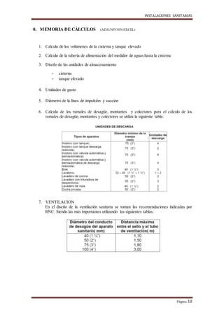 INSTALACIONES SANITARIAS
Página 10
8. MEMORIA DE CÁLCULOS (ADJUNTO EN EXCEL)
1. Calculo de los volúmenes de la cisterna y tanque elevado
2. Calculo de la tubería de alimentación del medidor de aguas hasta la cisterna
3. Diseño de las unidades de almacenamiento
- cisterna
- tanque elevado
4. Unidades de gasto
5. Diámetro de la línea de impulsión y succión
6. Calculo de los ramales de desagüe, montantes y colectores para el cálculo de los
ramales de desagüe, montantes y colectores se utiliza la siguiente tabla:
7. VENTILACION
En el diseño de la ventilación sanitaria se toman las recomendaciones indicadas por
RNC. Siendo las más importantes utilizando las siguientes tablas:
 