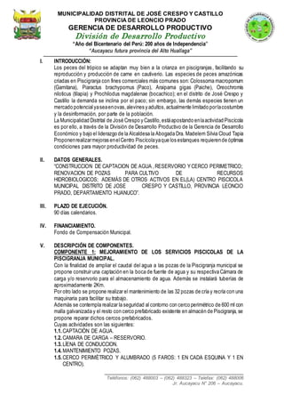 _____________________________________________________
Teléfonos: (062) 488003 – (062) 488323 – Telefax: (062) 488006
Jr. Aucayacu N° 206 – Aucayacu.
MUNICIPALIDAD DISTRITAL DE JOSÉ CRESPO Y CASTILLO
PROVINCIA DE LEONCIO PRADO
GERENCIA DE DESARROLLO PRODUCTIVO
División de Desarrollo Productivo
“Año del Bicentenario del Perú: 200 años de Independencia”
“Aucayacu futura provincia del Alto Huallaga”
I. INTRODUCCIÓN:
Los peces del trópico se adaptan muy bien a la crianza en piscigranjas, facilitando su
reproducción y producción de carne en cautiverio. Las especies de peces amazónicas
criadas en Piscigranja con fines comerciales más comunes son: Colossoma macropomum
(Gamitana), Piaractus brachypomus (Paco), Araipama gigas (Paiche), Oreochromis
niloticus (tilapia) y Prochilodus magdalenae (bocachico); en el distrito de José Crespo y
Castillo la demanda se inclina por el paco; sin embargo, las demás especies tienen un
mercado potencialyaseaenovas,alevines y adultos,actualmente limitado porlacostumbre
y la desinformación, por parte de la población.
La Municipalidad Distrital de José Crespo y Castillo,estáapostando enlaactividad Piscícola
es por ello, a través de la División de Desarrollo Productivo de la Gerencia de Desarrollo
Económico y bajo el liderazgo de la Alcaldesa la Abogada Dra. Madelem Silvia Cloud Tapia
Proponenrealizarmejoras enelCentro Piscícolayaque los estanques requierende óptimas
condiciones para mayor productividad de peces.
II. DATOS GENERALES.
“CONSTRUCCION DE CAPTACION DE AGUA ,RESERVORIO YCERCO PERIMETRICO;
RENOVACION DE POZAS PARA CULTIVO DE RECURSOS
HIDROBIOLOGICOS; ADEMÁS DE OTROS ACTIVOS EN EL(LA) CENTRO PISCICOLA
MUNICIPAL DISTRITO DE JOSE CRESPO Y CASTILLO, PROVINCIA LEONCIO
PRADO, DEPARTAMENTO HUANUCO”.
III. PLAZO DE EJECUCIÒN.
90 días calendarios.
IV. FINANCIAMIENTO.
Fondo de Compensación Municipal.
V. DESCRIPCIÓN DE COMPONENTES.
COMPONENTE 1: MEJORAMIENTO DE LOS SERVICIOS PISCICOLAS DE LA
PISCIGRANJA MUNICIPAL.
Con la finalidad de ampliar el caudal del agua a las pozas de la Piscigranja municipal se
propone construir una captación en la boca de fuente de agua y su respectiva Cámara de
carga y/o reservorio para el almacenamiento de agua. Además se instalará tuberías de
aproximadamente 2Km.
Por otro lado se propone realizar el mantenimiento de las 32 pozas de cría y recría con una
maquinaria para facilitar su trabajo.
Además se contempla realizar la seguridad al contorno con cerco perimétrico de 600 ml con
malla galvanizada y el resto con cerco prefabricado existente en almacén de Piscigranja, se
propone reparar dichos cercos prefabricados.
Cuyas actividades son las siguientes:
1.1. CAPTACIÒN DE AGUA.
1.2. CAMARA DE CARGA – RESERVORIO.
1.3. LÌENA DE CONDUCCION.
1.4. MANTENIMIENTO POZAS.
1.5. CERCO PERIMÈTRICO Y ALUMBRADO (5 FAROS: 1 EN CADA ESQUINA Y 1 EN
CENTRO).
 