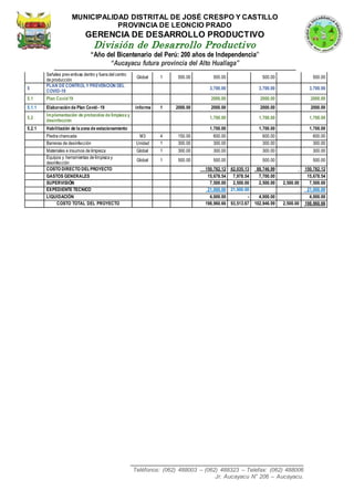 _____________________________________________________
Teléfonos: (062) 488003 – (062) 488323 – Telefax: (062) 488006
Jr. Aucayacu N° 206 – Aucayacu.
MUNICIPALIDAD DISTRITAL DE JOSÉ CRESPO Y CASTILLO
PROVINCIA DE LEONCIO PRADO
GERENCIA DE DESARROLLO PRODUCTIVO
División de Desarrollo Productivo
“Año del Bicentenario del Perú: 200 años de Independencia”
“Aucayacu futura provincia del Alto Huallaga”
Señales preventivas dentro y fuera del centro
de producción
Global 1 500.00 500.00 500.00 500.00
5
PLAN DE CONTROLY PREVENCION DEL
COVID-19
3,700.00 3,700.00 3,700.00
5.1 Plan Covid19 2000.00 2000.00 2000.00
5.1.1 Elaboraciónde Plan Covid- 19 informe 1 2000.00 2000.00 2000.00 2000.00
5.2
Implementación de protocolos de limpieza y
desinfección
1,700.00 1,700.00 1,700.00
5.2.1 Habilitación de la zona de estacionamiento 1,700.00 1,700.00 1,700.00
Piedra chancada M3 4 150.00 600.00 600.00 600.00
Barreras de desinfección Unidad 1 300.00 300.00 300.00 300.00
Materiales e insumos de limpieza Global 1 300.00 300.00 300.00 300.00
Equipos y herramientas de limpieza y
desinfección
Global 1 500.00 500.00 500.00 500.00
COSTO DIRECTO DELPROYECTO 150,782.12 62,035.13 88,746.99 150,782.12
GASTOS GENERALES 15,678.54 7,978.54 7,700.00 15,678.54
SUPERVISIÓN 7,500.00 2,500.00 2,500.00 2,500.00 7,500.00
EXPEDIENTE TECNICO 21,000.00 21,000.00 21,000.00
LIQUIDACIÓN 4,000.00 - 4,000.00 4,000.00
COSTO TOTAL DEL PROYECTO 198,960.66 93,513.67 102,946.99 2,500.00 198,960.66
 
