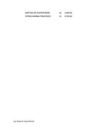 Ing. Benjamín Cutipa Monzón
GASTOS DE SUPERVISION S/. 3,500.00
OTROS NORMA FONCODES S/. 9,780.00
.
 