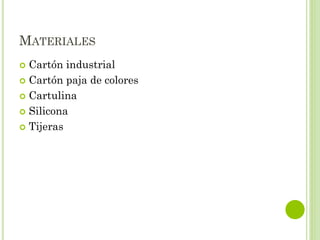 MATERIALES
 Cartón industrial
 Cartón paja de colores
 Cartulina
 Silicona
 Tijeras
 