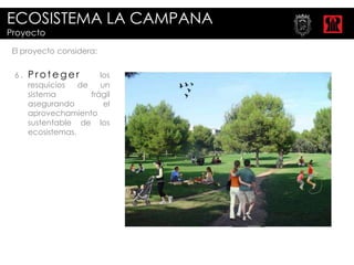 ECOSISTEMA LA CAMPANA
Proyecto

 El proyecto considera:


 6.   Proteger           los
      resquicios   de    un
      sistema         frágil
      asegurando          el
      aprovechamiento
      sustentable de los
      ecosistemas.
 