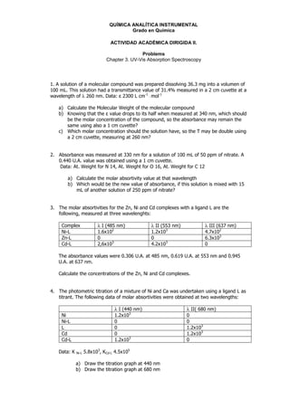 QUÍMICA ANALÍTICA INSTRUMENTAL
                                        Grado en Química

                                ACTIVIDAD ACADÉMICA DIRIGIDA II.

                                             Problems
                              Chapter 3. UV-Vis Absorption Spectroscopy




1. A solution of a molecular compound was prepared dissolving 36.3 mg into a volumen of
100 mL. This solution had a transmittance value of 31.4% measured in a 2 cm cuvette at a
wavelength of λ 260 nm. Data: ε 2300 L cm-1 — mol-1

   a) Calculate the Molecular Weight of the molecular compound
   b) Knowing that the ε value drops to its half when measured at 340 nm, which should
      be the molar concentration of the compound, so the absorbance may remain the
      same using also a 1 cm cuvette?
   c) Which molar concentration should the solution have, so the T may be double using
      a 2 cm cuvette, measuring at 260 nm?


2. Absorbance was measured at 330 nm for a solution of 100 mL of 50 ppm of nitrate. A
   0.440 U.A. value was obtained using a 1 cm cuvette.
   Data: At. Weight for N 14, At. Weight for O 16, At. Weight for C 12

        a) Calculate the molar absortivity value at that wavelength
        b) Which would be the new value of absorbance, if this solution is mixed with 15
           mL of another solution of 250 ppm of nitrate?


3. The molar absortivities for the Zn, Ni and Cd complexes with a ligand L are the
   following, measured at three wavelenghts:

     Complex              λ I (485 nm)           λ II (553 nm)            λ III (637 nm)
     Ni-L                 1.6x102                1.2x103                  4.7x102
     Zn-L                 0                      0                        6.3x103
     Cd-L                 2,6x103                4.2x103                  0

   The absorbance values were 0.306 U.A. at 485 nm, 0.619 U.A. at 553 nm and 0.945
   U.A. at 637 nm.

   Calculate the concentrations of the Zn, Ni and Cd complexes.


4. The photometric titration of a mixture of Ni and Ca was undertaken using a ligand L as
   titrant. The following data of molar absortivities were obtained at two wavelengths:

                                  λ I (440 nm)                   λ II( 680 nm)
     Ni                           1.2x103                        0
     Ni-L                         0                              0
     L                            0                              1.2x103
     Cd                           0                              1.2x103
     Cd-L                         1.2x103                        0

   Data: K   Ni-L   5.8x103, KCd-L 4.5x105

             a) Draw the titration graph at 440 nm
             b) Draw the titration graph at 680 nm
 