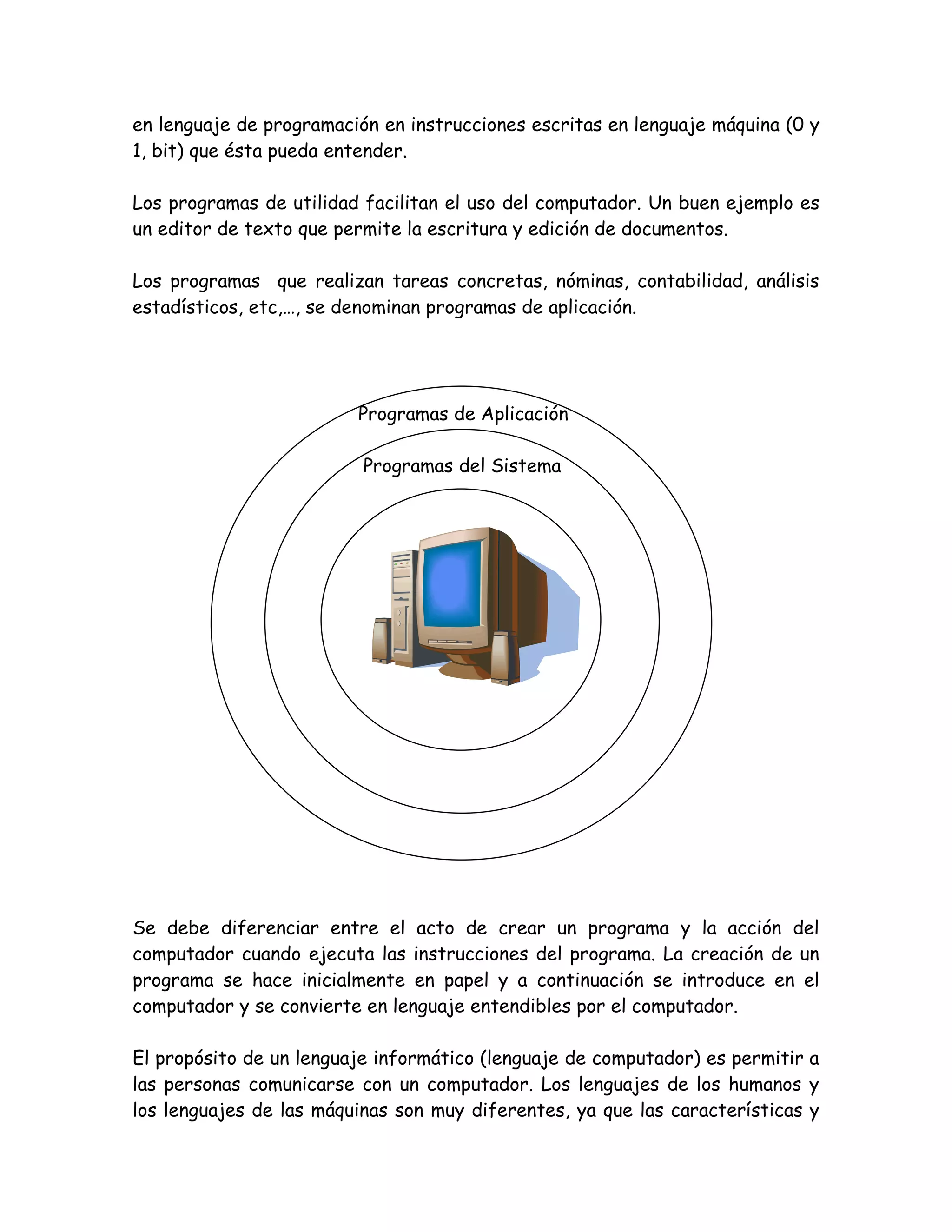 en lenguaje de programación en instrucciones escritas en lenguaje máquina (0 y
1, bit) que ésta pueda entender.

Los programas de utilidad facilitan el uso del computador. Un buen ejemplo es
un editor de texto que permite la escritura y edición de documentos.

Los programas que realizan tareas concretas, nóminas, contabilidad, análisis
estadísticos, etc,…, se denominan programas de aplicación.




                         Programas de Aplicación

                          Programas del Sistema




Se debe diferenciar entre el acto de crear un programa y la acción del
computador cuando ejecuta las instrucciones del programa. La creación de un
programa se hace inicialmente en papel y a continuación se introduce en el
computador y se convierte en lenguaje entendibles por el computador.

El propósito de un lenguaje informático (lenguaje de computador) es permitir a
las personas comunicarse con un computador. Los lenguajes de los humanos y
los lenguajes de las máquinas son muy diferentes, ya que las características y
 