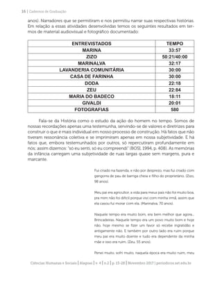 Ciências Humanas e Sociais | Alagoas | v. 4 | n.2 | p. 13-28 | Novembro 2017 | periodicos.set.edu.br
16 | Cadernos de Graduação
anos). Narradores que se permitiram e nos permitiu narrar suas respectivas histórias.
Em relação a essas atividades desenvolvidas temos os seguintes resultados em ter-
mos de material audiovisual e fotográfico documentado:
ENTREVISTADOS TEMPO
MARINA 33:57
ZIZO 50:21/40:00
MARINALVA 32:17
LAVANDERIA COMUNITÁRIA 30:00
CASA DE FARINHA 30:00
DODA 22:18
ZEU 22:84
MARIA DO BADECO 18:11
GIVALDI 20:01
FOTOGRAFIAS 580
Fala-se da História como o estudo da ação do homem no tempo. Somos de
nossas recordações apenas uma testemunha, servindo-se de valores e diretrizes para
construir o que é mais individual em nosso processo de construção. Há fatos que não
tiveram ressonância coletiva e se imprimiram apenas em nossa subjetividade. E há
fatos que, embora testemunhados por outros, só repercutiram profundamente em
nós; assim dizemos: “só eu senti, só eu compreendi” (BOSI, 1994, p. 408). As memórias
da infância carregam uma subjetividade de ruas largas quase sem margens, pura e
marcante.
Fui criado na fazenda, e não por desprezo, mas fui criado com
gangorra de pau de barriga cheia e filho do proprietário. (Zizo,
98 anos).
Meu pai era agricultor, a vida para meus pais não foi muito boa,
pra mim não foi difícil porque vivi com minha irmã, assim que
ela casou fui morar com ela. (Marinalva, 70 anos).
Naquele tempo era muito bom, era bem melhor que agora...
Brincadeiras. Naquele tempo era um povo muito bom e hoje
não, hoje mesmo se fizer um favor só recebe ingratidão e
antigamente não. E também por outro lado era ruim porque
meu pai era muito doente e tudo era dependente da minha
mãe e isso era ruim. (Zeu, 55 anos).
Penei muito, sofri muito, naquela época era muito ruim, meu
 