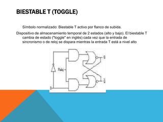 BIESTABLE T (TOGGLE)
Símbolo normalizado: Biestable T activo por flanco de subida.
Dispositivo de almacenamiento temporal de 2 estados (alto y bajo). El biestable T
cambia de estado ("toggle" en inglés) cada vez que la entrada de
sincronismo o de reloj se dispara mientras la entrada T está a nivel alto
 