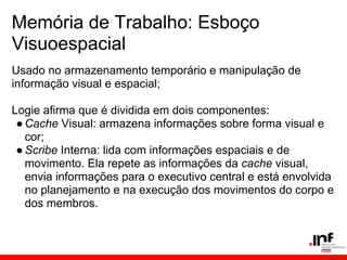 Memória de Trabalho: Esboço
Visuoespacial
Usado no armazenamento temporário e manipulação de
informação visual e espacial;

Logie afirma que é dividida em dois componentes:
 ● Cache Visual: armazena informações sobre forma visual e
   cor;
 ● Scribe Interna: lida com informações espaciais e de
   movimento. Ela repete as informações da cache visual,
   envia informações para o executivo central e está envolvida
   no planejamento e na execução dos movimentos do corpo e
   dos membros.
 