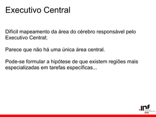 Executivo Central

Difícil mapeamento da área do cérebro responsável pelo
Executivo Central;

Parece que não há uma única área central.

Pode-se formular a hipótese de que existem regiões mais
especializadas em tarefas específicas...
 