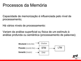 Processos da Memória

Capacidade de memorização é influenciada pelo nível de
processamento;

Há vários níveis de processamento:

Variam da análise superficial ou física de um estímulo à
análise profunda ou semântica (processamento de palavras);
 