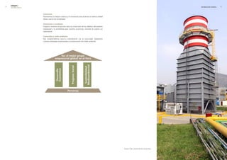 edegel09
    INFORME ANUAL                                                                                                                                  INFORMACIÓN GENERAL   


                    Innovación
                    Promovemos la mejora continua y la innovación para alcanzar la máxima calidad
                    desde criterios de rentabilidad.

                    orientación a resultados
                    Dirigimos nuestras actuaciones hacia la consecución de los objetivos del proyecto
                    empresarial y la rentabilidad para nuestros accionistas, tratando de superar sus
                    expectativas.

                    comunidad y medio ambiente
                    Nos comprometemos social y culturalmente con la comunidad. Adaptamos
                    nuestras estrategias empresariales a la preservación del medio ambiente.




                                                                                                        Turbina TG8, Central Térmica Santa Rosa.
 