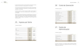 edegel09
      INFORME ANUAL                                                                                                                                                          RESULTADOS ECONÓMICOS        9


                      En Sesión de Directorio de fecha 17 de julio de �009 se acordó distribuir el primer
                      dividendo a cuenta del ejercicio �009, ascendente a S/. 64,108,000.                         �6. Costo de Generación
                      En Junta General de Accionistas de fecha �4 de marzo de �009, se acordó distribuir
                      un dividendo complementario correspondiente a las utilidades del ejercicio �008,            Comprende lo siguiente:
                      ascendente a S/. 66,133,000.
                                                                                                                                                                              en miles de s/.
                      En Sesión de Directorio de fecha �5 de julio de �008, se acordó distribuir el                                                                  2009                        2008
                      primer dividendo a cuenta de las utilidades del ejercicio �008, ascendente a                Consumo de gas natural                            �09,144                     199,179
                      S/. 34,978,000.                                                                             Depreciación y amortización (nota �9)             �08,9�7                     �07,361

                                                                                                                  Peaje por transmisión                              73,140                     80,155
                      Mediante Junta General de Accionistas de la Compañía de fecha 31 de marzo de                Compra de energía                                  55,337                     170,365

                      �008, se acordó distribuir un pago complementario de utilidades correspondiente             Servicios prestados por terceros                   44,6�8                     47,716

                      al ejercicio �007, ascendente a S/. 59,114,000. El pago de dividendos a personas            Canon de agua e impuestos del sector eléctrico     ��,�41                     18,�56

                      naturales y a personas jurídicas no domiciliadas en el Perú está sujeto a una               Gastos de personal (nota �8)                       18,118                     15,19�

                      retención del 4.1%.                                                                         Consumo de suministros diversos                    14,549                     13,784

                                                                                                                  Cargas diversas de gestión                         1�,��3                     10,411

                                                                                                                  Consumo de petróleo                                8,907                      79,576

                                                                                                                  Compensación por generación adicional              9,86�                         -

                                                                                                                  Tributos                                           3,873                       �,596


                      �5. Ingresos por Venta                                                                      Otros

                                                                                                                  total
                                                                                                                                                                     1,336

                                                                                                                                                                    682,285
                                                                                                                                                                                                 �,075

                                                                                                                                                                                                846,666




                      Comprende lo siguiente:



                                                                             2009
                                                                                      en miles de s/.

                                                                                                         2008
                                                                                                                  �7. Gastos de
                                                                                                                      Administración
                       Energía:

                       Terceros                                             48�,�99                     714,76�

                       Vinculadas (nota 9a)                                 �8�,644                     169,084

                                                                            764,943                     883,846

                                                                                                                  Comprende lo siguiente:
                       Potencia:

                       Terceros                                             183,��3                     193,9�4
                                                                                                                                                                              en miles de s/.
                       Vinculadas (nota 9a)                                 136,097                     64,909
                                                                                                                                                                     2009                        2008
                                                                            319,320                     258,833
                                                                                                                  Gastos de personal (nota �8)                       15,883                     13,976

                       Otros:                                                                                     Servicios prestados por terceros                   8,751                      10,550

                       Compensación por reasignación de gas                  �7,760                        -      Tributos (a)                                       ��,311                      4,488

                       Otros                                                 �3,�81                      6,037    Cargas diversas de gestión                         3,�00                       3,638

                                                                             51,041                      6,037    Depreciación y amortización (nota �9)              3,114                       3,006

                       total                                               1,135,304                1,148,716     Otros                                               �6�                        1,08�

                                                                                                                  total                                              53,521                     36,740




                                                                                                                  (a) Incluye un importe de S/. 1�,531,000 por concepto de Impuesto de Alcabala
                                                                                                                  pagado como consecuencia de la transferencia de predios en el marco de la
                                                                                                                  reorganización simple (nota �).
 
