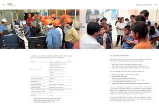 edegel09
         INFORME ANUAL                                                                                                                                                                                                                             SEGURIDAD Y SALUD OCUPACIONAL       9




 Visita de Clientes a Central Huinco.                                                                                                                        Campaña de Salud en Santa Rosa.




                                        A continuación, se muestran los principales objetivos del año �009, los cuales                                                                         6.9. saluD De las Personas
                                        tienen un avance promedio general de 100% en su cumplimiento.
                                                                                                                                                                                               Edegel tiene un modelo de prevención integral orientado a generar una cultura de
                                         objetivo                                                                    meta                           logros                                     salud. Con tal fin, se han desarrollado tres programas preventivos:
                                                                                              • Inspecciones de equipos, herramientas y equipos
                                                                                                de protección individual del personal contratista                                              1.- Programa de prevención de accidentes vasculares y cáncer.
                                                                                              • Inspecciones a riesgos críticos.                                                               �.- Programa de prevención de lesiones de espalda y otras articulaciones.
                                                                                              • Aplicación de sanciones y reconocimientos
                                                                                                                                                                                               3.- Programa de prevención de enfermedades comunes y abuso de medicinas.
                                         Ejecutar el plan Actúa Seguro                        • Aumento de inspecciones por la línea                  ↗

                                                                                              • Aumento de inspecciones por las empresas
                                                                                                                                                                                               Estos tres programas tienen como base los siguientes componentes:
                                                                                                contratistas

                                                                                              • Evaluación de competencias del personal
                                                                                                contratistas                                                                                   1.-   Alimentación saludable en calidad, cantidad e higiene.
                                         Promover la certificación de un sistema de gestión   Dos empresas contratistas certificadas con                                                       �.-   Promoción de la salud mental.
                                                                                                                                                      ↗
                                         de seguridad y salud ocupacional.                    OHSAS 18001                                                                                      3.-   Ejercicio físico y buenas prácticas ergonómicas.
                                         Instalar un sistema de bloqueos físicos en las       Sistema instalado en todas las centrales de
                                                                                                                                                      ↗
                                                                                                                                                                                               4.-   Eliminación del consumo de tabaco y control del ruido y esmog.
                                         centrales de generación                              generación
                                                                                                                                                                                               5.-   Consulta preventiva (el examen medico anual).
                                         Poner en marcha del sistema Delfos como
                                                                                                                                                      ↗                                        6.-   Prevención del abuso de medicinas y contar con un medico de confianza.
                                         herramienta de gestión del SSO                       Aplicar el 100% de los módulos del sistema

                                         Realizar el estudio ergonómico en todas las
                                         instalaciones de la empresa                          Realizar estudio al 100% de los puestos
                                                                                                                                                      ↗                                        A esto, hay que agregar que todas las buenas prácticas de salud se complementan
                                         Cumplir con los índices de accidentabilidad          Cumplir con índice de gravedad y frecuencia             ↘                                        con el compromiso que Edegel asume con sus trabajadores al motivar la actividad
                                                                                              4 accidentes incapacitantes y 0 accidentes                                                       deportiva. Ello se ve reflejado en la construcción de las canchas deportivas de tenis
                                         Cumplir con número de accidentes graves                                                                      ↗
                                                                                              mortales                                                                                         y fulbito en la central Santa Rosa. Esto ha incentivado que un buen número de
                                         Cumplir con el índice de prevención de accidentes
                                                                                                                                                      ↗
                                                                                                                                                                                               trabajadores practique actualmente y de manera continua el tenis.
                                         laborales (IPAL)                                     IPAL  80

                                                                                                                                                                                               En cuanto al índice de ausentismo, durante el �009 se han reportado 1.199 días
                                        ↗	     : Objetivo satisfactoriamente alcanzado (mayor a 95%).                                                                                          no laborados por enfermedad, lo cual representa el 1,8�% de los días laborados
                                        →	     : Objetivo parcialmente alcanzado (entre 75 y 95%).                                                                                             por toda la plantilla de la empresa durante el año.
                                        ↘	     : Objetivo bajo lo esperado (menor a 75%).
 