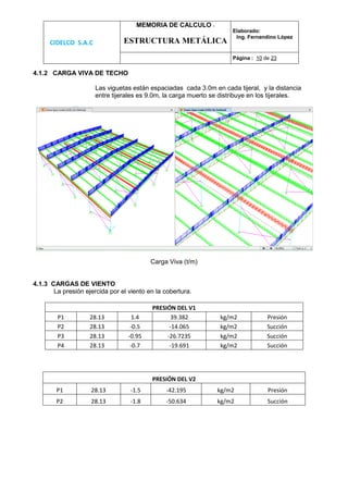 CIDELCO S.A.C
MEMORIA DE CALCULO :
ESTRUCTURA METÁLICA
Elaborado:
Ing. Fernandino López
Página : 10 de 23
4.1.2 CARGA VIVA DE TECHO
Las viguetas están espaciadas cada 3.0m en cada tijeral, y la distancia
entre tijerales es 9.0m, la carga muerto se distribuye en los tijerales.
Carga Viva (t/m)
4.1.3 CARGAS DE VIENTO
La presión ejercida por el viento en la cobertura.
PRESIÓN DEL V1
P1 28.13 1.4 39.382 kg/m2 Presión
P2 28.13 -0.5 -14.065 kg/m2 Succión
P3 28.13 -0.95 -26.7235 kg/m2 Succión
P4 28.13 -0.7 -19.691 kg/m2 Succión
PRESIÓN DEL V2
P1 28.13 -1.5 -42.195 kg/m2 Presión
P2 28.13 -1.8 -50.634 kg/m2 Succión
 