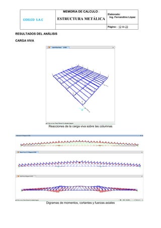 CIDELCO S.A.C
MEMORIA DE CALCULO :
ESTRUCTURA METÁLICA
Elaborado:
Ing. Fernandino López
Página : 12 de 23
RESULTADOS DEL ANÁLISIS
CARGA VIVA
Reacciones de la carga viva sobre las columnas
Digramas de momentos, cortantes y fuerzas axiales
 