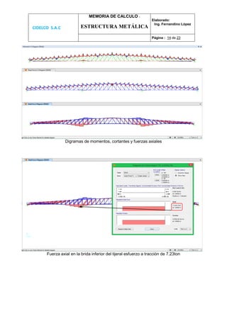 CIDELCO S.A.C
MEMORIA DE CALCULO :
ESTRUCTURA METÁLICA
Elaborado:
Ing. Fernandino López
Página : 14 de 23
Digramas de momentos, cortantes y fuerzas axiales
Fuerza axial en la brida inferior del tijeral esfuerzo a tracción de 7.23ton
 