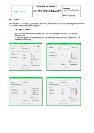 CIDELCO S.A.C
MEMORIA DE CALCULO :
ESTRUCTURA METÁLICA
Elaborado:
Ing. Fernandino López
Página : 17 de 23
5.0 DISEÑO
En el modelo se considera que la carga de viento actúa dentro de una envolvente para determinar
la condición más desfavorable de cargas.
5.1 TIJERAL TÍPICO
Para las combinaciones mostradas en 3, se evalúa el pórtico central en el modelo
tridimensional
El siguiente gráfico muestra la relación Esfuerzo actuante / Esfuerzo admisible de los
elementos mostrados.
 