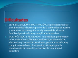 1. SENSIBILIZACIÓN Y MOTIVACIÓN, se pretendía suscitar
el compromiso y la participación de la comunidad educativa
y, aunque se ha conseguido en alguna medida, el sector
familias sigue siendo muy complicado de motivar
2. DIAGNÓSTICO Y REFLEXIÓN, se identifican problemas y
se ha realizado una diagnosis ambiental, explorando las
alternativas y la toma de decisiones , pero nos ha sido muy
complicado establecer los espacios y tiempos para la
coordinación de todos los sectores de la Comunidad
Educativa
 