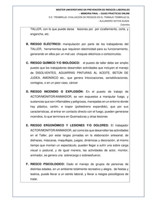 MÁSTER UNIVERSITARIO EN PREVENCIÓN DE RIESGOS LABORALES
- MEMORIA FINAL – GUIAS PRACTICAS ONLINE
D.E. TREMBRUJO. EVALUACIÓN DE RIESGOS EN EL TRABAJO TEMBRUJO SL
- ALEJANDRO HOYOS SUAZA-
Colombia
TALLER, con lo que puede darse lesiones por por cizallamiento, corte, y
enganche, etc.
B. RIESGO ELÉCTRICO: manipulación por parte de los trabajadores del
TALLER, herramientas que requieren electricidad para su funcionamiento,
generando en ellos por un mal uso choques eléctricos o cortocircuitos.
C. RIESGO QUÍMICO Y/O BIOLÓGICO: el puesto de taller debe ser amplio
puesto que los trabajadores desarrollan actividades que incluyen el manejo
de DISOLVENTES, AGUARRAS PINTURAS AL ACEITE, BETÚN DE
JUDEA, AMONÍACO etc., que genera Intoxicaciones, sensibilizaciones,
contagios, o en un peor caso, cáncer
D. RIESGO INCENDIO O EXPLOSIÓN: En el puesto de trabajo de
ACTOR/MONITOR/ANIMADOR, se ven expuestos a manipular fuego, y
sustancias que son inflamables y peligrosas, manejadas en un entorno donde
hay plástico, cartón, e icopor (poliestireno expandido), que por sus
características, al entrar en contacto directo con el fuego, pueden generarse
incendios, lo que terminara en Quemaduras y otras lesiones
E. RIESGO ERGONÓMICO Y LESIONES Y/O DOLORES: El trabajador
ACTOR/MONITOR/ANIMADOR, así como los que desarrollan las actividades
en el Taller, por estar largas jornadas en la elaboración artesanal, de
disfraces, máscaras, maquillajes, juegos, dinámicas y decoración, al mismo
tiempo que montan un espectáculo, pueden llegar a sufrir una sobre carga
visual o postural, y de igual manera, las actividades de actor, monitor,
animador, se genera una sobrecarga o sobreesfuerzo.
F. RIESCO PSICOLOGICO: Dado el manejo de grupos de personas de
distintas edades, en un ambiente totalmente recreativo y alegre, de fiestas y
teatros, puede llevar a un estrés laboral, y llevar a riesgos psicológicos de
tratar.
 