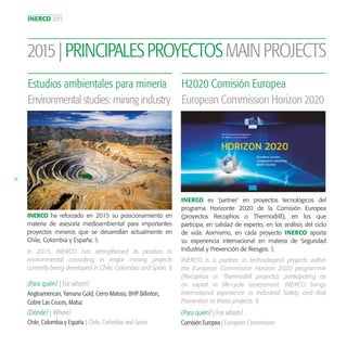 INERCO 2015
26
INERCO es ‘partner’ en proyectos tecnológicos del
programa Horizonte 2020 de la Comisión Europea
(proyectos Recophos o Thermodrill), en los que
participa, en calidad de experto, en los análisis del ciclo
de vida. Asimismo, en cada proyecto INERCO aporta
su experiencia internacional en materia de Seguridad
Industrial y Prevención de Riesgos. §
H2020 Comisión Europea
¿Para quién? | For whom?
Comisión Europea | European Commission
European Commission Horizon 2020
INERCO is a partner in technological projects within
the European Commission Horizon 2020 programme
(Recophos or Thermodrill projects), participating as
an expert in life-cycle assessment. INERCO brings
international experience in Industrial Safety and Risk
Prevention to these projects. §
INERCO ha reforzado en 2015 su posicionamiento en
materia de asesoría medioambiental para importantes
proyectos mineros que se desarrollan actualmente en
Chile, Colombia y España. §
Estudios ambientales para minería
¿Para quién? | For whom?
¿Dónde? | Where?
Angloamerican, Yamana Gold, Cerro Matoso, BHP Billinton,
Cobre Las Cruces, Matsa
Chile, Colombia y España | Chile, Colombia and Spain
Environmental studies: mining industry
In 2015, INERCO has strengthened its position in
environmental consulting in major mining projects
currently being developed in Chile, Colombia and Spain. §
2015|PRINCIPALESPROYECTOSMAINPROJECTS
 