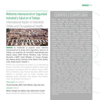INERCO 2015
31
CLIENTES | CLIENTS 2015
ABELLÓ LINDE - ABENGOA - ACERINOX - ADAMA AGRICULTURE
- AENOR - AFYCEMBA - AGRO VIN - AICIA - AIR LIQUIDE - AIRCRAFT
TRAINING CENTER - ALGRY QUIMICA - AMEC FOSTER WHEELER-
ARDENTIA MARINE - ARYSTA LIFESCIENCE - ASESA - ASHLAND
INDUSTRIES HISPANIA ASOCAN - ATEXIS SPAIN - ATLANTIC COPPER -
ATLAS - AP DE VILAGARCÍA DE AROUSA - AP DE SANTANDER - BAHÍA
BIZKAIA GAS - BEQUINOR - BIOFIELDS - BOMBEROS A CORUÑA
- BORDAS CHINCHURRETA - BP - BRENDAN THOMAS STRAND -
BRENNTAGQUIMICA-CARREFOUR-CEMEX-CEPSA-CERVEZASDAMM
- CLH - COBRE LAS CRUCES - COCA COLA MÉXICO - COLBÚN - DECAL
ESPAÑA - DORUK - DRAËGER SAFETY HISPANIA - EON RENOVABLES -
EDF RENOVABLES - ELIX POLYMERS - EMABESA - EMBRAER - EMGESA
- ENAGAS T - ENCE - ENDESA - ENEL GREEN POWER - ERCROS -
ERSHIP - ESTILBENICOS TECHNOBA - EUROENERGO - EUROPEAN
TUNGSTEN - FAASA AVIACIÓN - FALCK SCI - FCC - FERTIAL - FERTIBERIA
- FERTINAGRO NUTRIENTES - FUNDACIÓN FUEGO - GALP - GAMESA
EOLICA-GAS NATURALFENOSA-GASIFICADORAREGIONALCANARIA
-GEMA-GENER-GEOCYCLE-GIBRALTARSTRAITSURVEYORS-GLOBAL
ENERGY SERVICES SIEMSA - GOBIERNO DE NAVARRA - GORRIKO -
GRANEL QUÍMICA - GREENBRIER - GTD SISTEMAS DE INFORMACIÓN
- HEMPEL - HEROGRA FERTILIZANTES - HICOM - HISPANICA DE
AVIACIÓN - HOLCIM - HPD - HUNTSMAN - IBERDROLA - ICS - IGCAR
CHEMICALS - IKEA - INDRA - INTECSA - IRAT ATLANTIC - ISOTRON -
ITURRI - LABORATORIOS ROVI - LANTERO CARTON - LIQUIGAS - LOYSE
- MANCHASOL - MEROIL - MGR - MINAS DE AGUAS TEÑIDAS - MINERA
FRISCO - MIRAT - NEW SECURITY TECHNIC - NEXTERA - O&M ENERGY
UGANDA - OHL INDUSTRIAL - PASTOR ABONOS - PECSA - PEPSICO
- PETROAMERICA - PETROBRAS - PETRONOR - PLASTIC ENERGY -
POSITIVA - PROMOTORES ZEDE ARCOS - PROQUINA - 9REN ESPAÑA
- REPSOL - ROCHE - SACYR - SAETA YIELD - SAINT GOBAIN PLAC
- SCHOTT SOLAR - SCOTT - SEDIGAS - SENER - SEQUOIA PARTNERS
- SGA - SGS TECNOS - SIRUSAL - SMURFIT KAPPA ESPAÑA - SOGETI
- SOLVAY QUÍMICA - SPEIS BOMBEROS FUENGIROLA - TBG - TECHINT -
TECHNIP IBERIA - TECNALABAQUA - TECNICAS REUNIDAS - TORRESOL
ENERGY INVESTMENTS - UBE CORPORATION EUROPE - UNELCO -
UNIDADMILITARDEEMERGENCIAS-UNIVERSIDADDESEVILLA-VALLS
QUÍMICA-VALORIZA-VEREDAMAGNA-VIESGOGENERACIÓN-WIND
COMPOSITE
INERCO ha mantenido su posición como referente
internacional en el campo de la Seguridad y Salud en el
Trabajo, con proyectos de consultoría especializada para
Repsol, Cepsa, ENAP, Pemex, Petrobras, Galp, Técnicas
Reunidas o AMEC Foster Wheeler, en Turquía, Portugal,
Irán, Malasia, Brasil, Colombia, Chile, México, Perú, Bolivia,
Cuba, Arabia Saudí o España. §
Referente internacional en Seguridad
Industrial y Salud en el Trabajo
¿Para quién? | For whom?
¿Dónde? | Where?
Técnicas Reunidas, AMEC Foster Wheeler, Galp, entre otros.
México, Portugal, Irán, Malasia, Cuba, Arabia Saudí o España
International leader in Industrial
Safety and Occupational Health
INERCO has maintained its position as an international
leader in the field of Occupational Health & Safety, with
specialised consultancy work for Repsol, Cepsa, ENAP,
Pemex, Petrobras, Galp, Tecnicas Reunidas, AMEC Foster
Wheeler in countries such as Turkey, Portugal, Iran,
Malaysia, Brazil, Colombia, Chile, Mexico, Peru, Bolivia,
Cuba, Saudi Arabia and Spain. §
Mexico, Portugal, Iran, Malaysia, Cuba, Saudi Arabia and Spain
 
