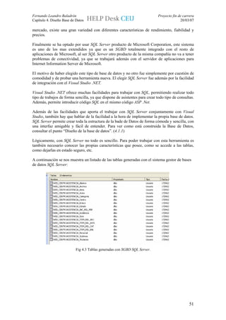 Fernando Leandro Baladrón                                                    Proyecto fin de carrera
Capítulo 4. Diseño Base de Datos                                                           20/03/07

mercado, existe una gran variedad con diferentes características de rendimiento, fiabilidad y
precios.

Finalmente se ha optado por usar SQL Server producto de Microsoft Corporation, este sistema
es uno de los mas extendidos ya que es un SGBD totalmente integrado con el resto de
aplicaciones de Microsoft, al ser SQL Server otro producto de la misma compañía no va a tener
problemas de conectividad, ya que se trabajará además con el servidor de aplicaciones para
Internet Information Server de Microsoft.

El motivo de haber elegido este tipo de base de datos y no otro fue simplemente por cuestión de
comodidad y de probar una herramienta nueva. El elegir SQL Server fue además por la facilidad
de integración con el Visual Studio .NET.

Visual Studio .NET ofrece muchas facilidades para trabajar con SQL, permitiendo realizar todo
tipo de trabajos de forma sencilla, ya que dispone de asistentes para crear todo tipo de consultas.
Además, permite introducir código SQL en el mismo código ASP .Net.

Además de las facilidades que aporta el trabajar con SQL Server conjuntamente con Visual
Studio, también hay que hablar de la facilidad a la hora de implementar la propia base de datos.
SQL Server permite crear toda la estructura de la bade de Datos de forma cómoda y sencilla, con
una interfaz amigable y fácil de entender. Para ver como está construida la Base de Datos,
consultar el punto “Diseño de la base de datos”. (4.1.1)

Lógicamente, con SQL Server no todo es sencillo. Para poder trabajar con esta herramienta es
también necesario conocer las propias características que posee, como se accede a las tablas,
como dejarlas en estado seguro, etc.

A continuación se nos muestra un listado de las tablas generadas con el sistema gestor de bases
de datos SQL Server:




                           Fig 4.3 Tablas generadas con SGBD SQL Server.




                                                                                                 51
 
