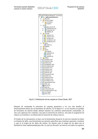 Fernando Leandro Baladrón                                                  Proyecto fin de carrera
Capítulo 6. Diseño Interface                                                             20/03/07




                      Fig.6.2.1.Distribución de las carpeta en Visual Studio .NET



Después de comentada la estructura de carpetas pasaremos a ver con más detalles el
funcionamiento básico de un formulario de edición. En la figura 6.3 se nos muestra un ejemplo
de formulario de edición donde además tenemos los controles anteriormente comentados, en
este caso aparecen tres controles, uno para la inserción de archivos, otro para la asignación de
enlaces ya existentes y un último para la inserción de enlaces nuevos.

El listado de los documentos se hace con la herramienta datagrid, la cual nos muestra los datos
en formato de tabla, esta herramienta nos permite especificar que columnas queremos visualizar
y cual es el origen de los datos del mismo. En nuestro caso el origen de los datos nos lo
facilitará la clase implementada para ello, la cual nos devuelve un dataset con todos los registros
                                                                                               84
 