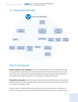 Instituto de Estudios Estratégicos
Memoria institucional 2010-2011
                                                      y Políticas Públicas


     2.1. Organigrama del Ieepp

                                                 Estructura organizativa

                                                                 Dirección
                                                                 ejecutiva




                          Área de                                  Área                                Área de
                       investigación                          Fortalecimiento                      Comunicación e
                                                               institucional                         incidencia




                                                              Administración          Oficial de     Oficial de      Oficial de
              Asesor
                                                                                     incidencia       medios        informática




      Seguridad        Transparencia   Políticas de     Contadora              Asistente
      y defensa        y presupuesto    inclusión                            administrativo
                                          social

                                                                               Personal
                                                                               de apoyo




     Área de investigación
     Defensa, seguridad y crimen organizado: cuenta con estudios regionales sobre crimen organizado, narcotráfi-
     co, lavado de dinero, trata de personas, fuerzas armadas y pandillas. A través de encuestas anuales de opinión,
     damos seguimiento a la percepción de seguridad ciudadana en Nicaragua. Realizamos análisis constantes de
     las relaciones civiles militares con apoyo de una red de expertos nacionales e internacionales.


     Transparencia y presupuesto: elaboramos estudios y propuestas constructivas relacionadas a contrataciones del
     Estado, transparencia y eficiencia del sector público, acceso a información pública y ética pública. Éstas tienen el
     fin de mejorar la administración pública.


     Ponemos énfasis en el análisis del gasto social, dirigido principalmente a educación y salud; impulsamos, en
     conjunto con otras organizaciones de la sociedad civil, diferentes iniciativas que favorezcan una mayor inversión




                                                                                                                                  7
 