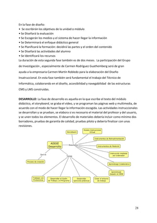 En la fase de diseño: 
•  Se escribirán los objetivos de la unidad o módulo 
• Se Diseñará la evaluación 
• Se Escogerán los medios y el sistema de hacer llegar la información 
• Se Determinará el enfoque didáctico general 
• Se Planificará la formación: decidirá las partes y el orden del contenido 
• Se Diseñará las actividades del alumno 
• Se Identificará los recursos 
La duración de esta segunda fase también es de dos meses.  La participación del Grupo 
de Investigación , especialmente de Carmen Rodríguez Guathemberg será de gran 
ayuda a la empresaria Carmen Martín Robledo para la elaboración del Diseño 
Insatruccional. En esta fase también será fundamental el trabajo del Técnico de 
Informática, colaborando en el diseño, accesibilidad y navegabilidad  de las estructuras 
CMS y LMS construidas. 
 
DESARROLLO: La fase de desarrollo es aquella en la que escribe el texto del módulo 
didáctico, el storyboard, se graba el vídeo, y se programan las páginas web y multimedia, de 
acuerdo con el modo de hacer llegar la información escogida. Las actividades instruccionales 
se desarrollan y se prueban, se elabora si es necesario el material del profesor y del usuario, 
y se unen todos los elementos. El desarrollo de materiales debería incluir como mínimo dos 
borradores, pruebas de garantía de calidad, pruebas piloto y debería finalizar con unas 
revisiones.  




                                                                                             28
 
