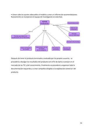 • Llevar cabo los ajustes adecuados al modelo o crear un informe de recomendaciones. 
Nuevamente se incorporará el equipo de investigación en esta fase.  
 




                                                                                         
 
 
Después de tener el producto terminado y evaluado por los propios usuarios,  se 
procederá a divulgar los resultados del producto con el fin de darlo a conocer en el 
mercado de las TIC y del conocimiento. Finalmente se procederá a organizar toda la 
documentación requerida y a crear campañas dirigidas a la explotación comercal  del 
producto. 




                                                                                        30
 