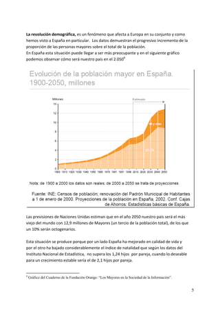 La revolución demográfica, es un fenómeno que afecta a Europa en su conjunto y como 
hemos visto a España en particular.  Los datos demuestran el progresivo incremento de la 
proporción de las personas mayores sobre el total de la población. 
En España esta situación puede llegar a ser más preocupante y en el siguiente gráfico 
podemos observar cómo será nuestro país en el 2.0506 
 




                                                                                                    
 
Las previsiones de Naciones Unidas estiman que en el año 2050 nuestro país será el más 
viejo del mundo con 12,9 millones de Mayores (un tercio de la población total), de los que 
un 10% serán octogenarios. 
 
Esta situación se produce porque por un lado España ha mejorado en calidad de vida y 
por el otro ha bajado considerablemente el índice de natalidad que según los datos del 
Instituto Nacional de Estadística,  no supera los 1,24 hijos  por pareja, cuando lo deseable 
para un crecimiento estable sería el de 2,1 hijos por pareja.      
 

6
    Gráfico del Cuaderno de la Fundación Orange: “Los Mayores en la Sociedad de la Información”.


                                                                                                   5
 