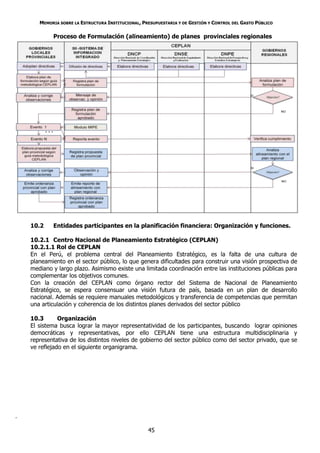 MEMORIA SOBRE LA ESTRUCTURA INSTITUCIONAL, PRESUPUESTARIA Y DE GESTIÓN Y CONTROL DEL GASTO PÚBLICO

            Proceso de Formulación (alineamiento) de planes provinciales regionales




    10.2    Entidades participantes en la planificación financiera: Organización y funciones.

    10.2.1 Centro Nacional de Planeamiento Estratégico (CEPLAN)
    10.2.1.1 Rol de CEPLAN
    En el Perú, el problema central del Planeamiento Estratégico, es la falta de una cultura de
    planeamiento en el sector público, lo que genera dificultades para construir una visión prospectiva de
    mediano y largo plazo. Asimismo existe una limitada coordinación entre las instituciones públicas para
    complementar los objetivos comunes.
    Con la creación del CEPLAN como órgano rector del Sistema de Nacional de Planeamiento
    Estratégico, se espera consensuar una visión futura de país, basada en un plan de desarrollo
    nacional. Además se requiere manuales metodológicos y transferencia de competencias que permitan
    una articulación y coherencia de los distintos planes derivados del sector público

    10.3       Organización
    El sistema busca lograr la mayor representatividad de los participantes, buscando lograr opiniones
    democráticas y representativas, por ello CEPLAN tiene una estructura multidisciplinaria y
    representativa de los distintos niveles de gobierno del sector público como del sector privado, que se
    ve reflejado en el siguiente organigrama.




.

                                                    45
 