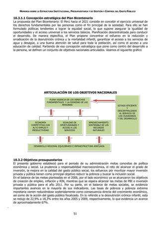 MEMORIA SOBRE LA ESTRUCTURA INSTITUCIONAL, PRESUPUESTARIA Y DE GESTIÓN Y CONTROL DEL GASTO PÚBLICO

    10.3.1.1 Concepción estratégica del Plan Bicentenario
    La propuesta del Plan Bicentenario: El Perú hacia el 2021 consiste en concebir el ejercicio universal de
    los derechos fundamentales por las personas como el fin principal de la sociedad. Para ello se han
    formulado políticas tendientes a lograr la equidad social, lo que supone asegurar la igualdad de
    oportunidades y el acceso universal a los servicios básicos. Planificación descentralizada para conducir
    el desarrollo. De manera específica, el Plan propone concentrar el esfuerzo en la reducción y
    erradicación de la desnutrición crónica y la mortalidad infantil, garantizar el acceso a los servicios de
    agua y desagüe, a una buena atención de salud para toda la población, así como el acceso a una
    educación de calidad. Partiendo de esa concepción estratégica que pone como centro del desarrollo a
    la persona, se definen un conjunto de objetivos nacionales articulados. Veamos el siguiente gráfico




                             ARTICULACIÓN DE LOS OBJETIVOS NACIONALES

                                  PLENA VIGENCIA DE LOS DERECHOS
                                FUNDAMENTALES Y LA DIGNIDAD DE LAS
                                             PERSONAS                                      ESTADO EFICIENTE
                                                                                                   Y
                                                                                           DESCENTRALIZADO
                                                                                             AL SERVICIO DE
                                                                                            LOS CIUDADANOS
                                                                                           Y DEL DESARROLLO
                     ECONOMÍA                IGUALDAD DE             APROVECHAMIENTO
                  COMPETITIVA CON          OPORTUNIDADES Y           SOSTENIBLE DE LOS
                   ALTO EMPLEO Y             ACCESO A LOS                RECURSOS
                   PRODUCTIVIDAD              SERVICIOS                 NATURALES




                    DESARROLLO REGIONAL EQUILIBRADO E INFRAESTRUCTURA ADECUADA




    10.3.2 Objetivos presupuestarios
    El presente gobierno estableció para el periodo de su administración metas concretas de política
    económica y social. La prudencia y responsabilidad macroeconómica, el reto de alcanzar el grado de
    inversión, la mejora en la calidad del gasto público social, los esfuerzos por movilizar mayor inversión
    privada y pública tienen como principal objetivo reducir la pobreza y buscar la inclusión social.
    En el balance de las metas planteadas en el 2006, por el lado económico ya se alcanzaron los objetivos
    de creación de empleo, inflación y RIN, mientras que se espera alcanzar las metas de PBI e inversión
    privada y pública para el año 2011. Por su parte, en el balance de metas sociales, se evidencia
    importantes avances en la mayoría de sus indicadores. Las tasas de pobreza y pobreza extrema
    monetaria vienen reduciéndose sostenidamente como consecuencia directa del crecimiento económico,
    así como de la acción del gasto público focalizado. En lo referido a la desnutrición crónica infantil, esta
    se redujo de 22,9% a 18,3% entre los años 2005 y 2009, respectivamente, lo que evidencia un avance
    de aproximadamente 67%.
.

                                                      51
 