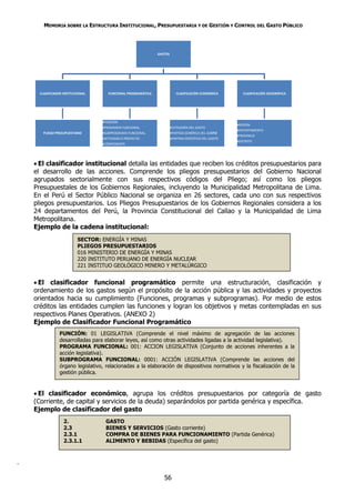 MEMORIA SOBRE LA ESTRUCTURA INSTITUCIONAL, PRESUPUESTARIA Y DE GESTIÓN Y CONTROL DEL GASTO PÚBLICO




                                                               GASTOS




      CLASIFICADOR INSTITUCIONAL      FUNCIONAL PROGRAMÁTICA               CLASIFICACIÓN ECONÓMICA         CLASIFICACIÓN GEOGRÁFICA




                                   FUNCIÓN
                                                                                                        REGIÓN
                                   PROGRAMA FUNCIONAL.                 CATEGORÍA DEL GASTO
                                                                                                        DEPARTAMENTO
        PLIEGO PRESUPUESTARIO      SUBPROGRAMA FUNCIONAL.              PARTIDA GENÉRICA DEL GASTO
                                                                                                        PROVINCIA
                                   ACTIVIDAD O PROYECTO.               PARTIDA ESPECÍFICA DEL GASTO
                                                                                                        DISTRITO
                                   COMPONENTE




     El clasificador institucional detalla las entidades que reciben los créditos presupuestarios para
    el desarrollo de las acciones. Comprende los pliegos presupuestarios del Gobierno Nacional
    agrupados sectorialmente con sus respectivos códigos del Pliego; así como los pliegos
    Presupuestales de los Gobiernos Regionales, incluyendo la Municipalidad Metropolitana de Lima.
    En el Perú el Sector Público Nacional se organiza en 26 sectores, cada uno con sus respectivos
    pliegos presupuestarios. Los Pliegos Presupuestarios de los Gobiernos Regionales considera a los
    24 departamentos del Perú, la Provincia Constitucional del Callao y la Municipalidad de Lima
    Metropolitana.
    Ejemplo de la cadena institucional:
                           SECTOR: ENERGÍA Y MINAS
                           PLIEGOS PRESUPUESTARIOS
                           016 MINISTERIO DE ENERGÍA Y MINAS
                           220 INSTITUTO PERUANO DE ENERGÍA NUCLEAR
                           221 INSTITUO GEOLÓGICO MINERO Y METALÚRGICO


     El clasificador funcional programático permite una estructuración, clasificación y
    ordenamiento de los gastos según el propósito de la acción pública y las actividades y proyectos
    orientados hacia su cumplimiento (Funciones, programas y subprogramas). Por medio de estos
    créditos las entidades cumplen las funciones y logran los objetivos y metas contempladas en sus
    respectivos Planes Operativos. (ANEXO 2)
    Ejemplo de Clasificador Funcional Programático
                 FUNCIÓN: 01 LEGISLATIVA (Comprende el nivel máximo de agregación de las acciones
                 desarrolladas para elaborar leyes, así como otras actividades ligadas a la actividad legislativa).
                 PROGRAMA FUNCIONAL: 001: ACCION LEGISLATIVA (Conjunto de acciones inherentes a la
                 acción legislativa).
                 SUBPROGRAMA FUNCIONAL: 0001: ACCIÓN LEGISLATIVA (Comprende las acciones del
                 órgano legislativo, relacionadas a la elaboración de dispositivos normativos y la fiscalización de la
                 gestión pública.


     El clasificador económico, agrupa los créditos presupuestarios por categoría de gasto
    (Corriente, de capital y servicios de la deuda) separándolos por partida genérica y específica.
    Ejemplo de clasificador del gasto
                   2.                GASTO
                   2.3               BIENES Y SERVICIOS (Gasto corriente)
                   2.3.1             COMPRA DE BIENES PARA FUNCIONAMIENTO (Partida Genérica)
                   2.3.1.1           ALIMENTO Y BEBIDAS (Específica del gasto)



.

                                                                  56
 