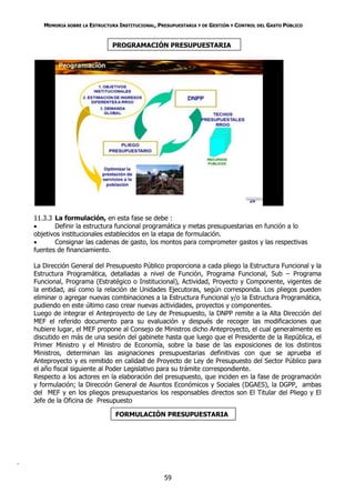 MEMORIA SOBRE LA ESTRUCTURA INSTITUCIONAL, PRESUPUESTARIA Y DE GESTIÓN Y CONTROL DEL GASTO PÚBLICO


                                PROGRAMACIÓN PRESUPUESTARIA




    11.3.3 La formulación, en esta fase se debe :
          Definir la estructura funcional programática y metas presupuestarias en función a lo
    objetivos institucionales establecidos en la etapa de formulación.
          Consignar las cadenas de gasto, los montos para comprometer gastos y las respectivas
    fuentes de financiamiento.

    La Dirección General del Presupuesto Público proporciona a cada pliego la Estructura Funcional y la
    Estructura Programática, detalladas a nivel de Función, Programa Funcional, Sub – Programa
    Funcional, Programa (Estratégico o Institucional), Actividad, Proyecto y Componente, vigentes de
    la entidad, así como la relación de Unidades Ejecutoras, según corresponda. Los pliegos pueden
    eliminar o agregar nuevas combinaciones a la Estructura Funcional y/o la Estructura Programática,
    pudiendo en este último caso crear nuevas actividades, proyectos y componentes.
    Luego de integrar el Anteproyecto de Ley de Presupuesto, la DNPP remite a la Alta Dirección del
    MEF el referido documento para su evaluación y después de recoger las modificaciones que
    hubiere lugar, el MEF propone al Consejo de Ministros dicho Anteproyecto, el cual generalmente es
    discutido en más de una sesión del gabinete hasta que luego que el Presidente de la República, el
    Primer Ministro y el Ministro de Economía, sobre la base de las exposiciones de los distintos
    Ministros, determinan las asignaciones presupuestarias definitivas con que se aprueba el
    Anteproyecto y es remitido en calidad de Proyecto de Ley de Presupuesto del Sector Público para
    el año fiscal siguiente al Poder Legislativo para su trámite correspondiente.
    Respecto a los actores en la elaboración del presupuesto, que inciden en la fase de programación
    y formulación; la Dirección General de Asuntos Económicos y Sociales (DGAES), la DGPP, ambas
    del MEF y en los pliegos presupuestarios los responsables directos son El Titular del Pliego y El
    Jefe de la Oficina de Presupuesto

                                  FORMULACIÓN PRESUPUESTARIA




.

                                                    59
 
