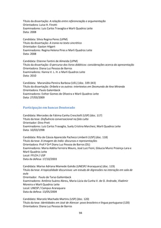 94
Título da dissertação: A relação entre referenciação e argumentação
Orientadora: Luisa H. Finotti
Examinadores: Luis Carlos Travaglia e Marli Quadros Leite
Data: 2008
Candidata: Sílvia Regina Peres (UPM)
Título da dissertação: A ironia no texto sincrético
Orientador: Gaston Hilgert
Examinadores: Regina Helena Pires e Marli Quadros Leite
Data: 2008
Candidata: Etienne Fantini de Almeida (UPM)
Título da dissertação: O percurso dos livros didáticos: considerações acerca da apresentação
Orientadora: Diana Luz Pessoa de Barros
Examinadores: Hanna V. L. H. e Marli Quadros Leite
Data: 2010
Candidata: Maranúbia Pereira Barbosa (UEL) (doc. 339-343)
Título da dissertação: Oribela e os outros: intertextos em Desmundo de Ana Miranda
Orientadora: Paulo Galembeck
Examinadores: Esther Gomes de Oliveira e Marli Quadros Leite
Data: 27/03/2009
Participação em bancas Doutorado
Candidata: Mercedes de Fátima Canha Crescitelli (USP) (doc. 117)
Título da tese: Disfluência conversacional na fala culta
Orientador: Dino Preti
Examinadores: Luiz Carlos Travaglia, Suely Cristina Marchesi, Marli Quadros Leite
Data: 10/03/1998
Candidata: Rita de Cássia Aparecida Pacheco Limberti (USP) (doc. 118)
Título da tese: A imagem do índio: discursos e representações
Orientadora: Prof.ª Drª Diana Luz Pessoa de Barros (DL)
Examinadores: Maria Adélia Ferreira Mauro, José Luiz Fioni, Gláucia Muniz Proença Lara e
Marli Quadros Leite
Local: FFLCH / USP
Data da defesa: 17/10/2003
Candidata: Marise Adriana Mamede Galvão (UNESP/ Araraquara) (doc. 119)
Título da tese: A topicalidade discursisva: um estudo de digressões na interação em sala de
aula
Orientador: Paulo de Tarso Gallembeck
Examinadores: Antônio Suárez Abreu, Maria Lúcia da Cunha V. de O. Andrade, Vladimir
Moreira e Marli Quadros Leite
Local: UNESP / Campus Araraquara
Data da defesa: 13/05/2004
Candidato: Marcelo Machado Martins (USP) (doc. 120)
Título da tese: Identidades em José de Alencar: povo brasileiro e língua portuguesa (120)
Orientadora: Diana Luz Pessoa de Barros
 