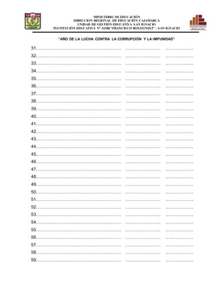 MINISTERIO DE EDUCACIÓN
DIRECCION REGIONAL DE EDUCACIÓN CAJAMARCA
UNIDAD DE GESTIÓN EDUCATIVA SAN IGNACIO
INSTITUCIÓN EDUCATIVA N° 16388 “FRANCISCO BOLOGNESI” – SAN IGNACIO
“AÑO DE LA LUCHA CONTRA LA CORRUPCIÓN Y LA IMPUNIDAD”
31.………………………………………………… …………………… ……………….
32.………………………………………………… …………………… ……………….
33.………………………………………………… …………………… ……………….
34.………………………………………………… …………………… ……………….
35.………………………………………………… …………………… ……………….
36.………………………………………………… …………………… ……………….
37.………………………………………………… …………………… ……………….
38.………………………………………………… …………………… ……………….
39.………………………………………………… …………………… ……………….
40.………………………………………………… …………………… ……………….
41.………………………………………………… …………………… ……………….
42.………………………………………………… …………………… ……………….
43.………………………………………………… …………………… ……………….
44.………………………………………………… …………………… ……………….
45.………………………………………………… …………………… ……………….
46.………………………………………………… …………………… ……………….
47.………………………………………………… …………………… ……………….
48.………………………………………………… …………………… ……………….
49.………………………………………………… …………………… ……………….
50.………………………………………………… …………………… ……………….
51.………………………………………………… …………………… ……………….
52.………………………………………………… …………………… ……………….
53.………………………………………………… …………………… ……………….
54.………………………………………………… …………………… ……………….
55.………………………………………………… …………………… ……………….
56.………………………………………………… …………………… ……………….
57.………………………………………………… …………………… ……………….
58.………………………………………………… …………………… ……………….
59.………………………………………………… …………………… ……………….
 